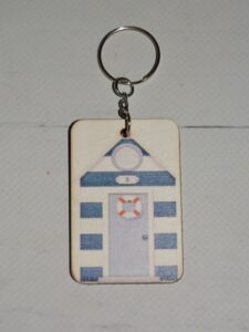 Blue and White Beach House Wooden Keyring