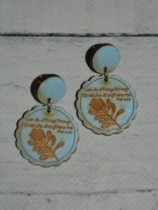 Blue "I can do all things through Christ" Wooden Drop Earrings